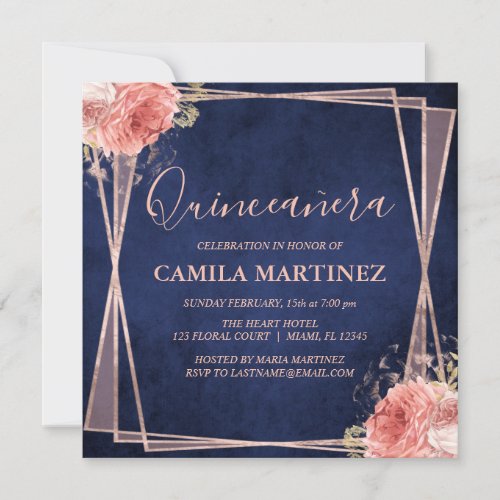 Navy Blue Blush Pink Rose Gold Quinceanera Party Invitation