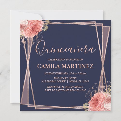 Navy Blue Blush Pink Rose Gold Quinceanera Party Invitation