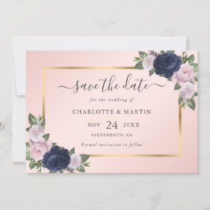 Navy Blue Blush Pink Rose Gold Wedding Save The Date