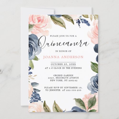 Navy Blue Blush Pink Rose Quinceanera Invitation