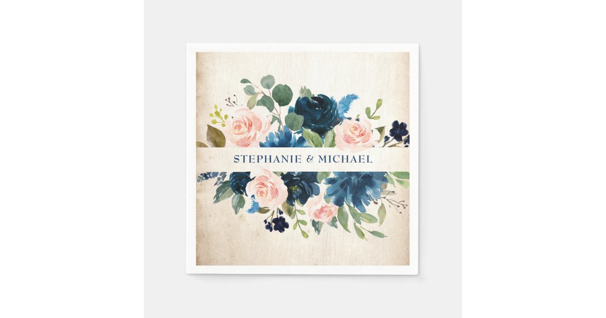 Navy Blue Blush Pink Rose Rustic Boho Wedding Napkins | Zazzle