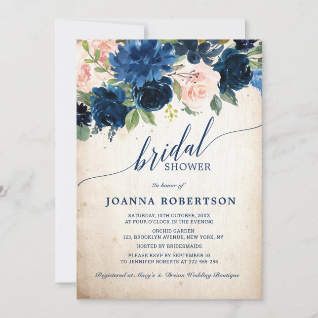 Navy Blue Blush Pink Rose Rustic Bridal Shower Invitation (Front)