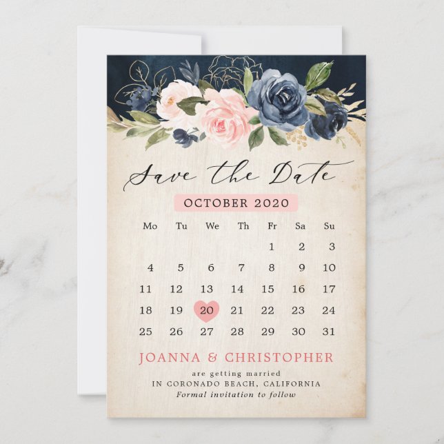 Navy Blue Blush Pink Rose Rustic country Calendar Save The Date (Front)