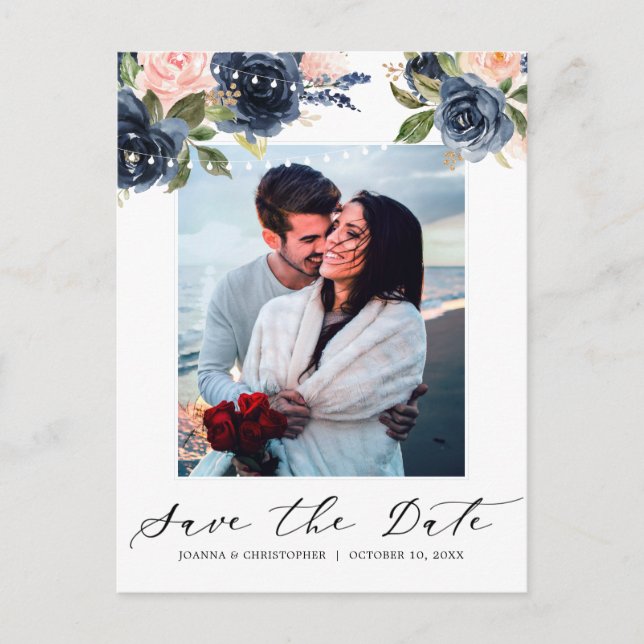 Navy Blue Blush Pink Rose String lights Photo Announcement Postcard (Front)