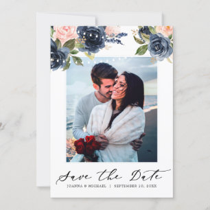 Navy Blue Blush Pink Rose String lights Photo Save The Date