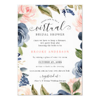 Navy Blue Blush Pink Rose Virtual Bridal Shower Invitation