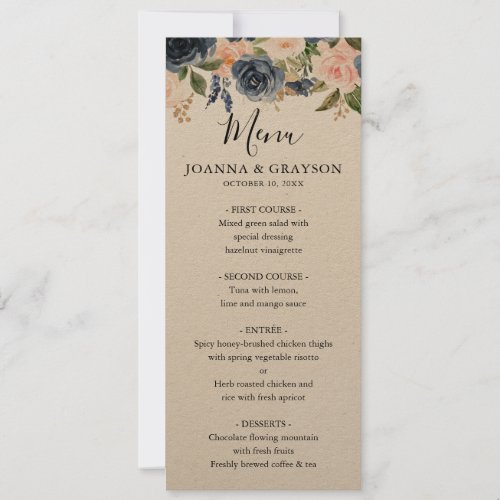 Navy Blue Blush Pink Rose Wedding Menu Invitation