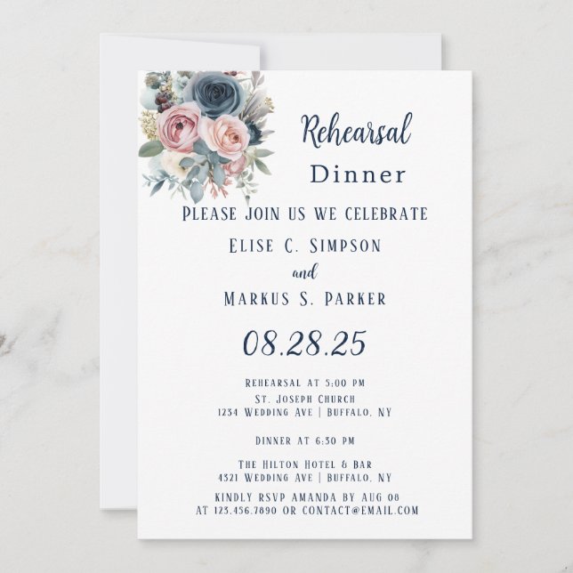 Navy Blue Blush Pink Rose Wedding Rehearsal Dinner Invitation (Front)