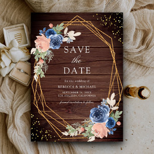 Navy Blue Blush Pink Roses Barn Wood Wedding Save The Date