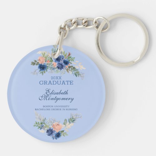 Navy Blue Blush Pink Roses Boho Graduation   Keychain