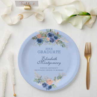 Navy Blue Blush Pink Roses Boho Graduation   Paper Plates