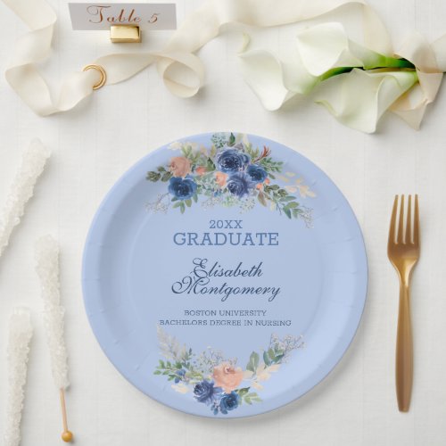 Navy Blue Blush Pink Roses Boho Graduation   Paper Plates