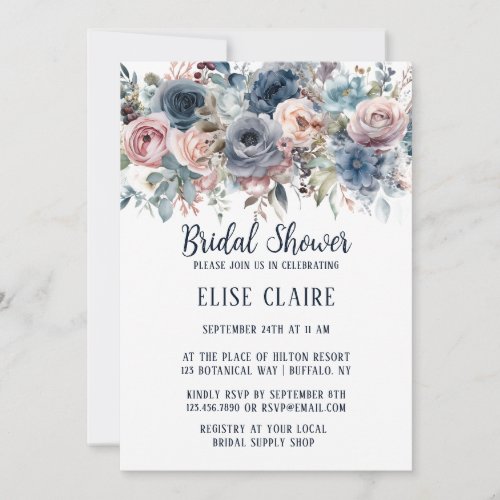 Navy Blue Blush Pink Roses Bridal Shower Invitation
