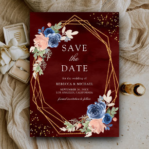 Navy Blue Blush Pink Roses Burgundy Wedding Save The Date