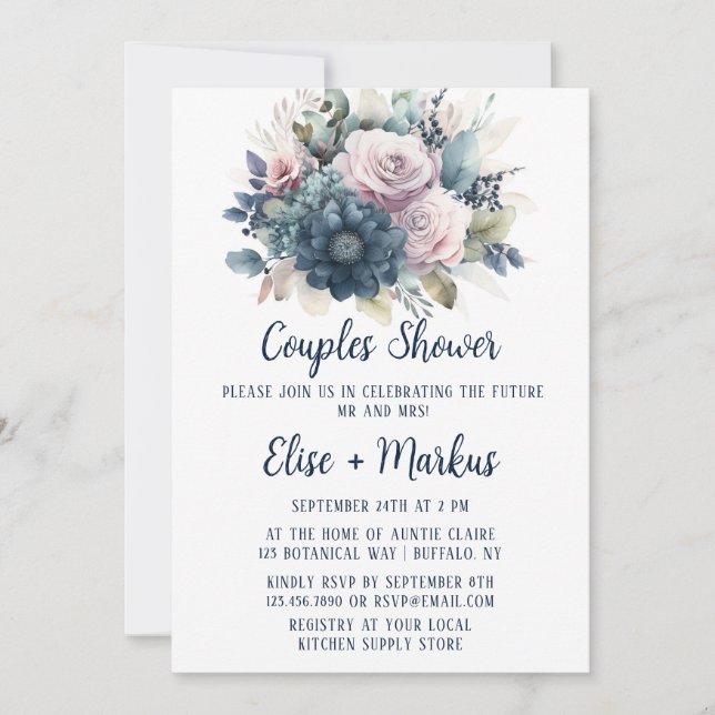 Navy Blue Blush Pink Roses Couples Shower Invitation (Front)