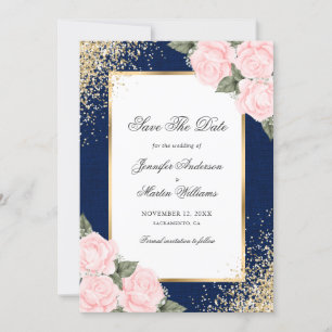 Navy Blue Blush Pink Roses Photo Save The Date