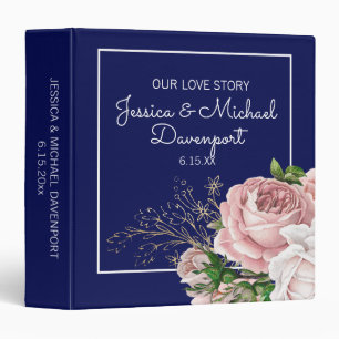 Navy Blue Blush Pink Roses Wedding Married Couple 3 Ring Binder