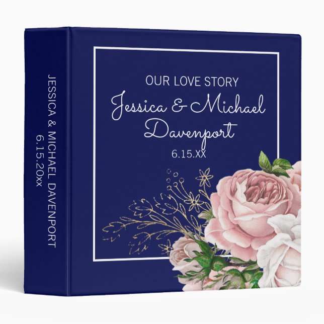 Navy Blue Blush Pink Roses Wedding Married Couple 3 Ring Binder (Front/Spine)