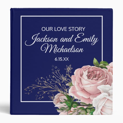 Navy Blue Blush Pink Roses Wedding Married Couple 3 Ring Binder Zazzle