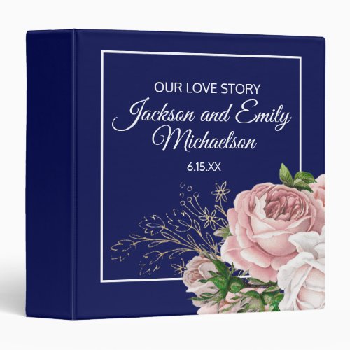 Navy Blue Blush Pink Roses Wedding Married Couple 3 Ring Binder