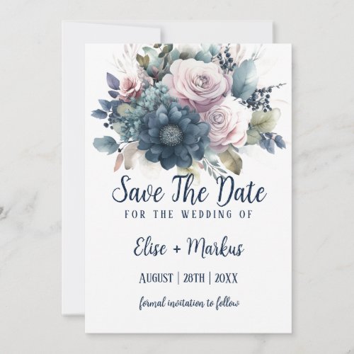 Navy Blue Blush Pink Roses Wedding Save The Date Invitation