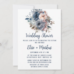 Navy Blue Blush Pink Roses Wedding Shower Invitation