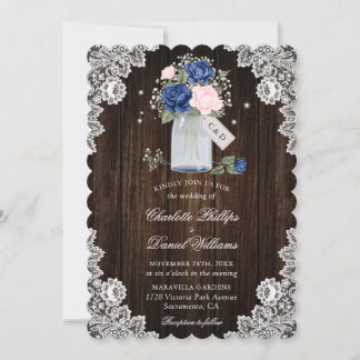 Navy Blue Blush Pink Rustic Wood Wedding Invitation