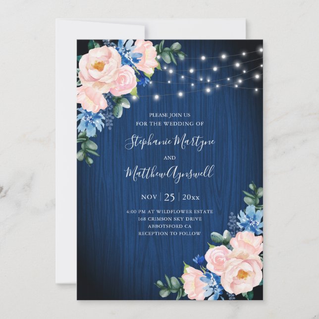 Navy Blue Blush Pink String Lights Floral Wedding Invitation (Front)