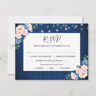 Navy Blue Blush Pink String Lights Floral Wedding RSVP Card