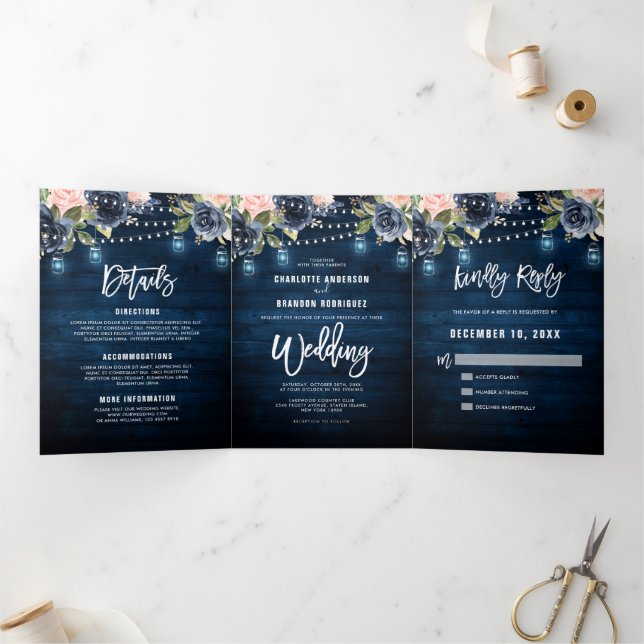 Navy Blue Blush Pink String Lights Trifold Wedding (Inside)