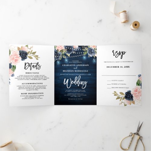 Navy Blue Blush Pink String Lights Trifold Wedding