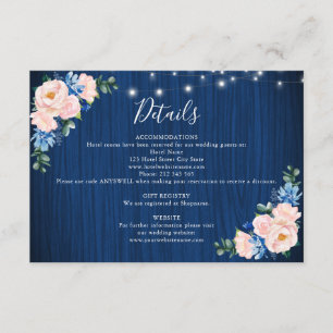 Navy Blue Blush Pink String Lights Wedding Details Enclosure Card