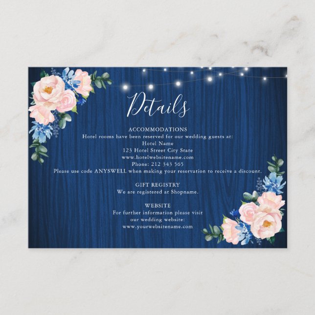 Navy Blue Blush Pink String Lights Wedding Details Enclosure Card (Front)