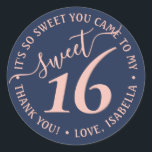Navy Blue Blush Pink Sweet 16 Birthday Party Favor Classic Round Sticker<br><div class="desc">Add a chic and modern finishing touch to envelopes and favors with these navy and pink sweet 16th birthday party round stickers. Design features a girly blush pink handwritten style script typography on a trendy navy blue background. Text in a circle is simple to customize. These elegant labels make a...</div>