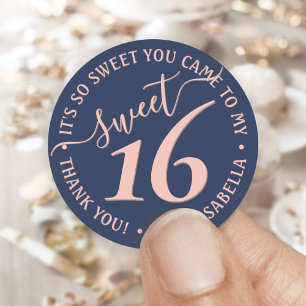 Navy Blue Blush Pink Sweet 16 Birthday Party Favor Classic Round Sticker