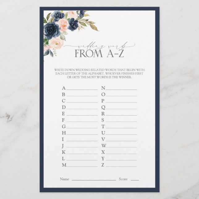 Navy Blue Blush Pink Watercolor Bridal Shower Game (Front)