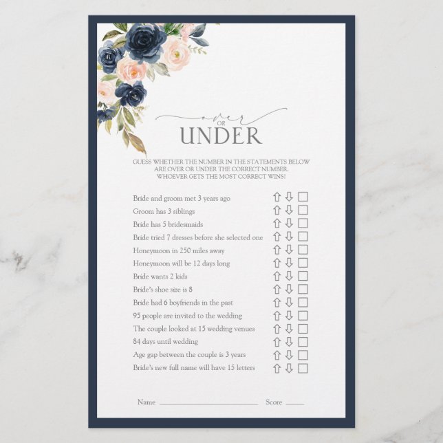 Navy Blue Blush Pink Watercolor Bridal Shower Game (Front)