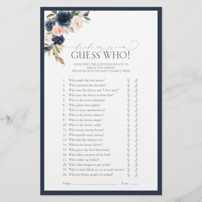 Navy Blue Blush Pink Watercolor Bridal Shower Game (Front)