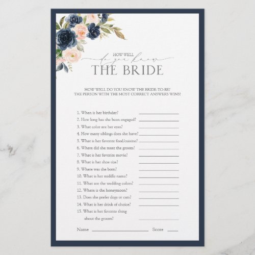 Navy Blue Blush Pink Watercolor Bridal Shower Game