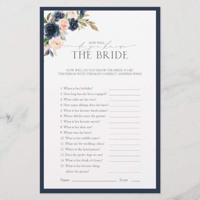 Navy Blue Blush Pink Watercolor Bridal Shower Game (Front)