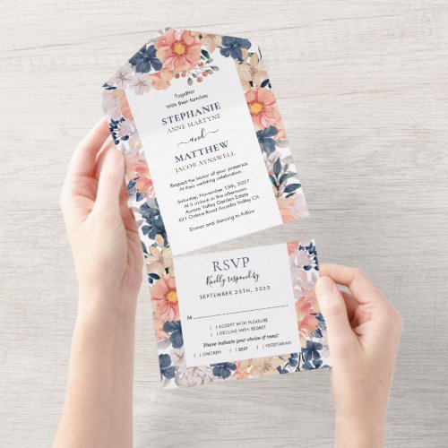 Navy Blue Blush Pink Watercolor Floral Wedding All In One Invitation