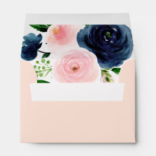 Navy Blue Blush Pink Watercolor Floral Wedding Envelope
