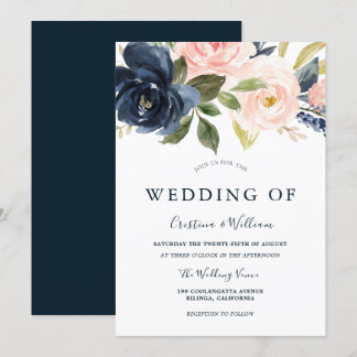 Navy Blue Blush Pink Watercolor Floral Wedding Invitation