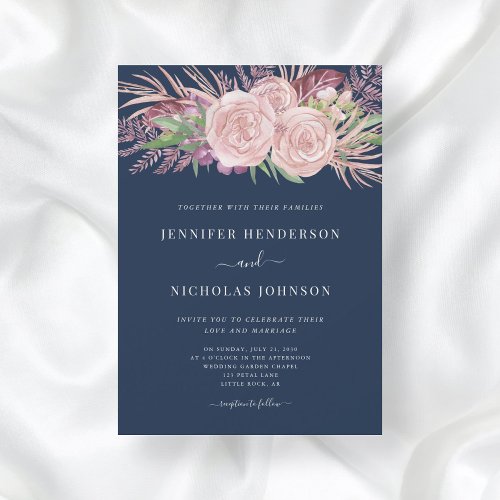 Navy Blue Blush Pink Watercolor Floral Wedding Invitation
