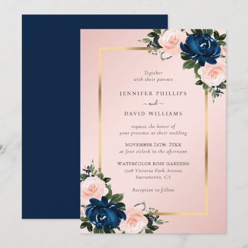 Navy Blue Blush Pink Watercolor Floral Wedding Invitation