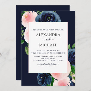 Navy Blue Blush Pink Watercolor Floral Wedding Invitation
