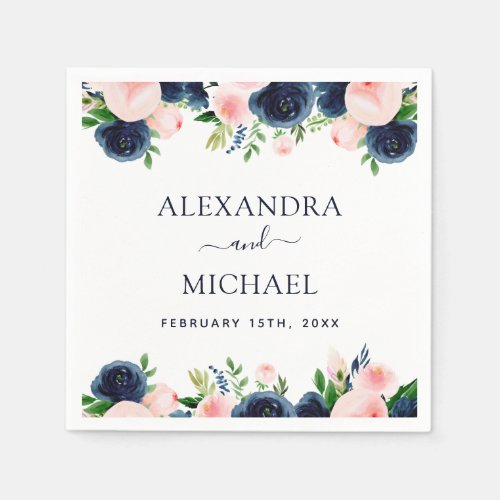 Navy Blue Blush Pink Watercolor Floral Wedding Napkins