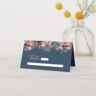 Navy blue & blush pink watercolor floral wedding place card