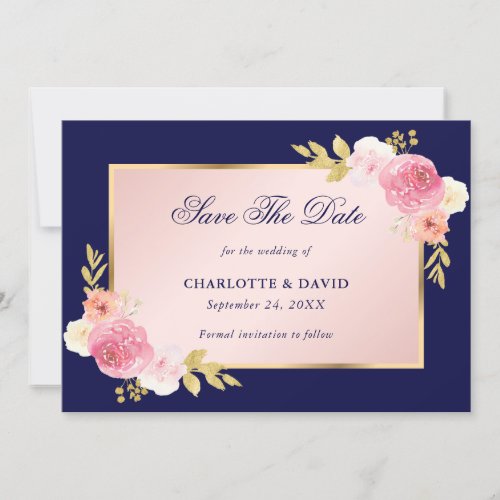 Navy Blue Blush Pink Watercolor Floral Wedding Save The Date