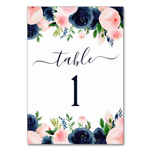 Navy Blue Blush Pink Watercolor Floral Wedding Table Number